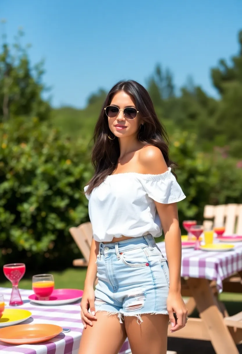 20 Trendy Summer Outfits That Will Make You the Star of Every BBQ (Everyone Will Ask Where You Got #6!) - 2. Chic Off-Shoulder Top with High-Waisted Shorts